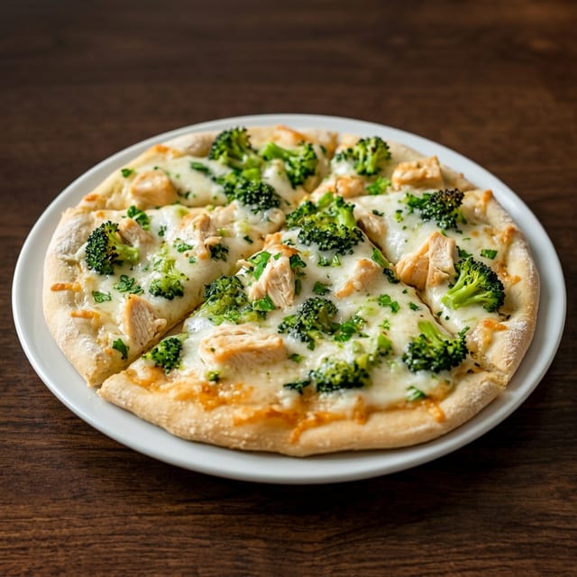 Chicken & Broccoli Alfredo Pizza.